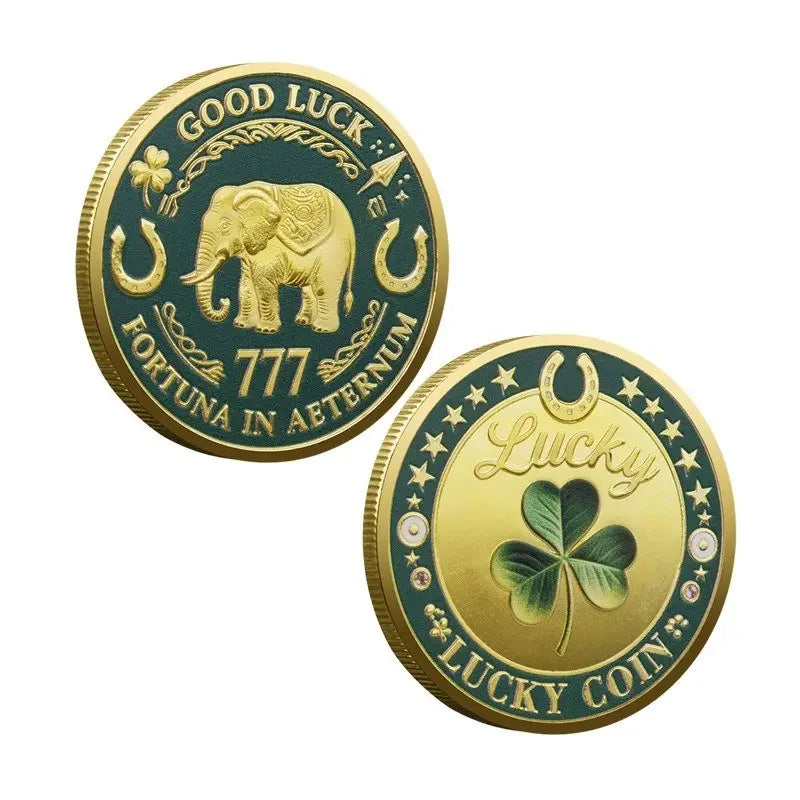 Collectible Alloy 777 Elephant Lucky Coin With Clover Design