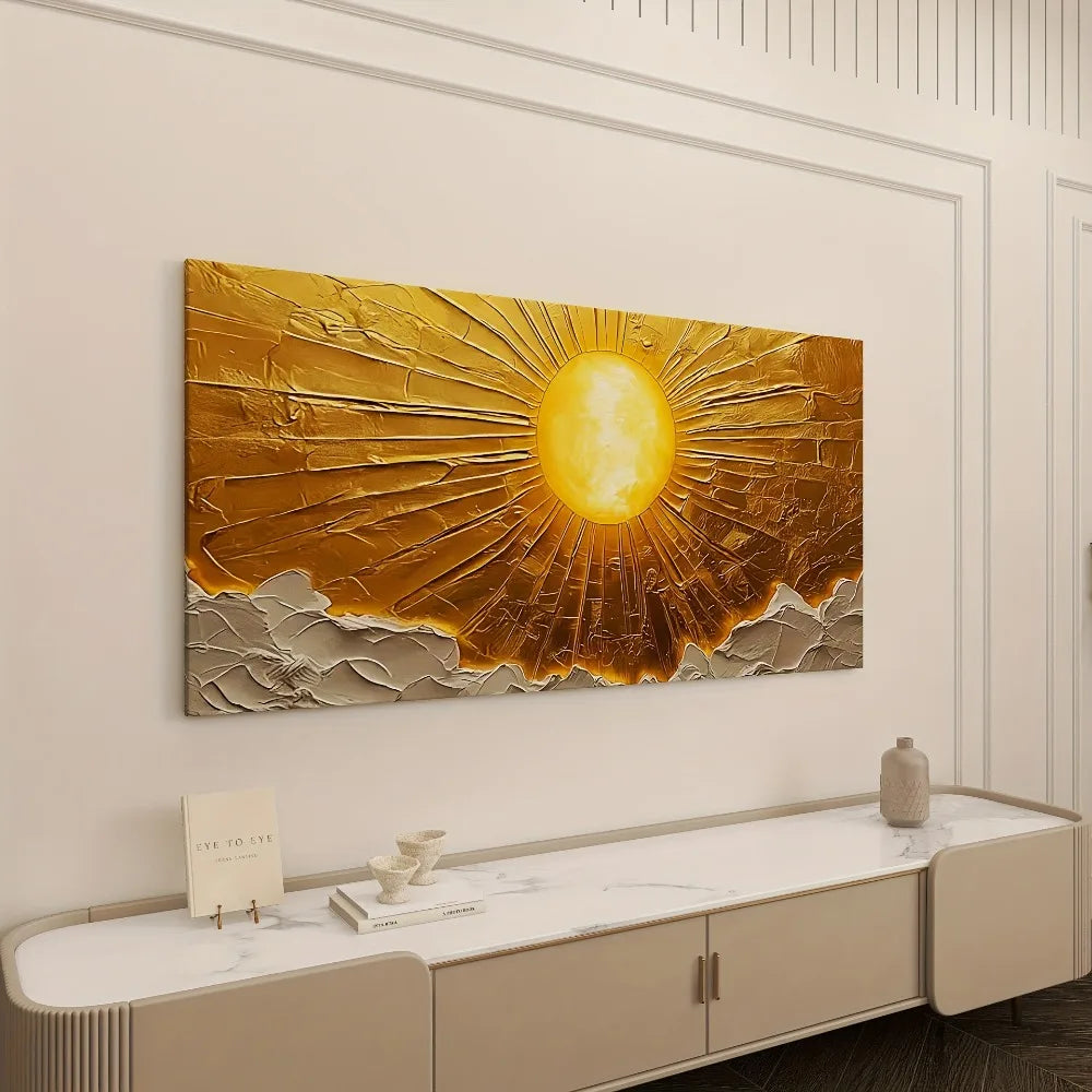 Large Abstract Sun Canvas Wall Art With Pine Frame