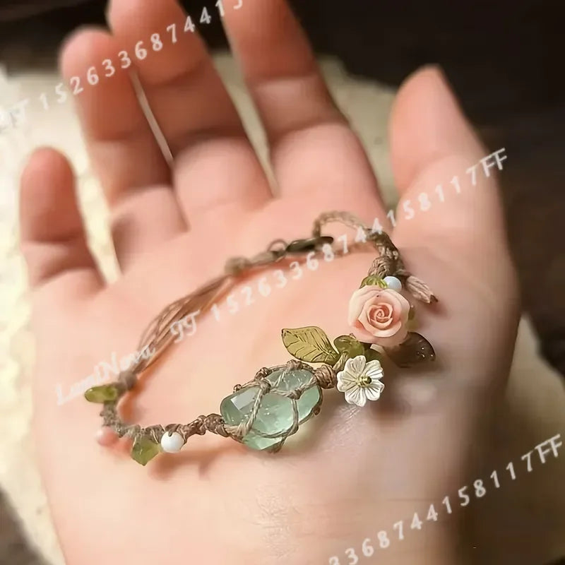 Boho Vintage Macrame Woven Bracelet With Crystal Flower Charm