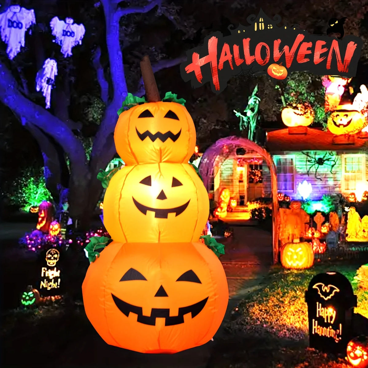 LED Stacked Pumpkin Inflatable Halloween Yard Decoration With Lights