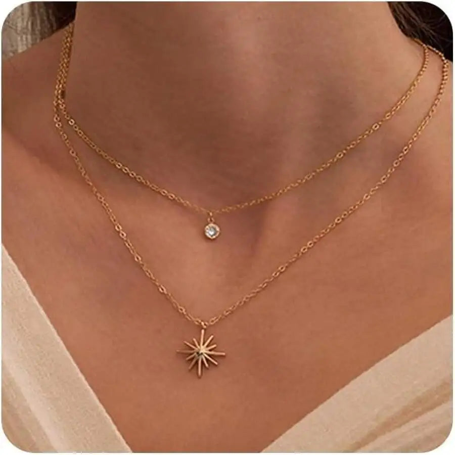 Layered CZ Pendant Necklace With Star And Crystal Charms