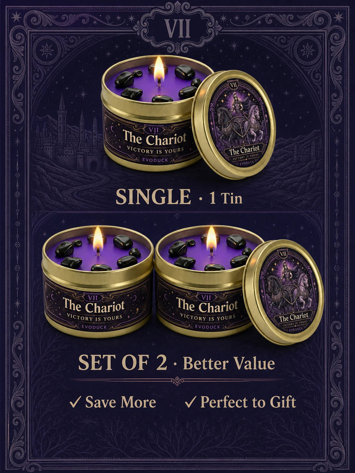 Evoduck Chariot Tarot Scented Candle With Natural Crystal Stones