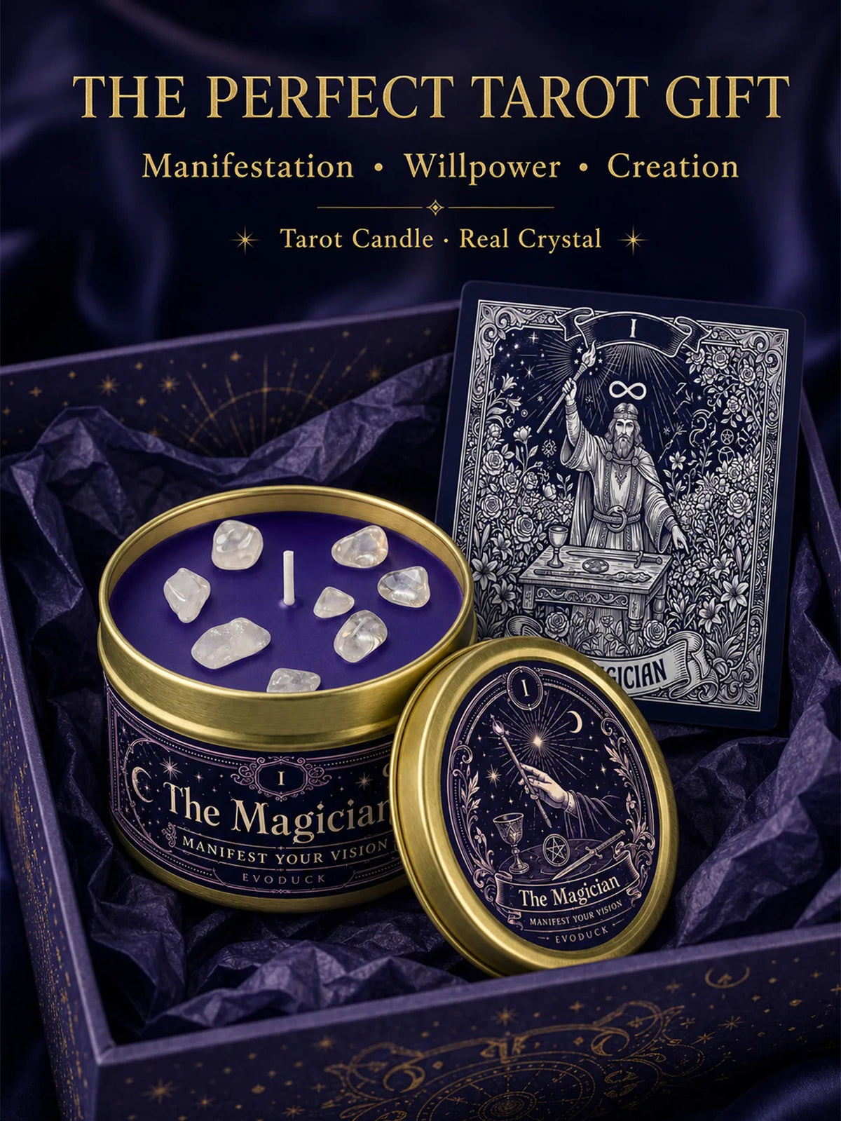 Evoduck Tarot Meditation Candle With Cardamom Sage And Clear Crystals