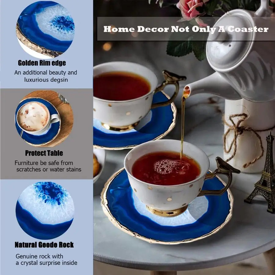 Blue Agate Coasters Set Of 4 With Luxurious Gold Rim