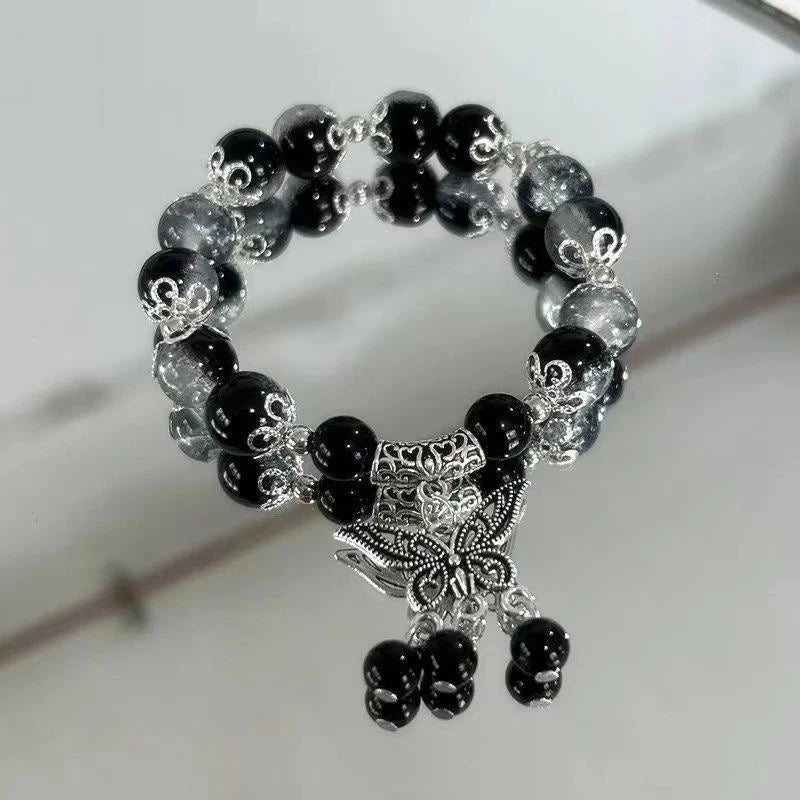 Women Vintage Elastic Beaded Bracelet With Crystal Feather Pendant