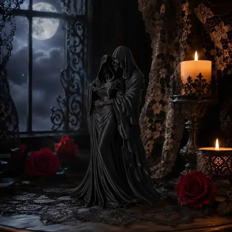 Gothic Reaper Couple Statue Hooded Embrace Figurine Romantic Home Decor