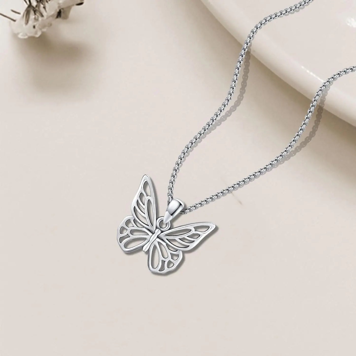 DRINSPER Butterfly Necklace 925 Sterling Silver Dainty Pendant