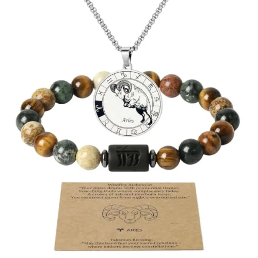 Zodiac Constellation Jewelry Set Stainless Steel Necklace and Stone Bracelet