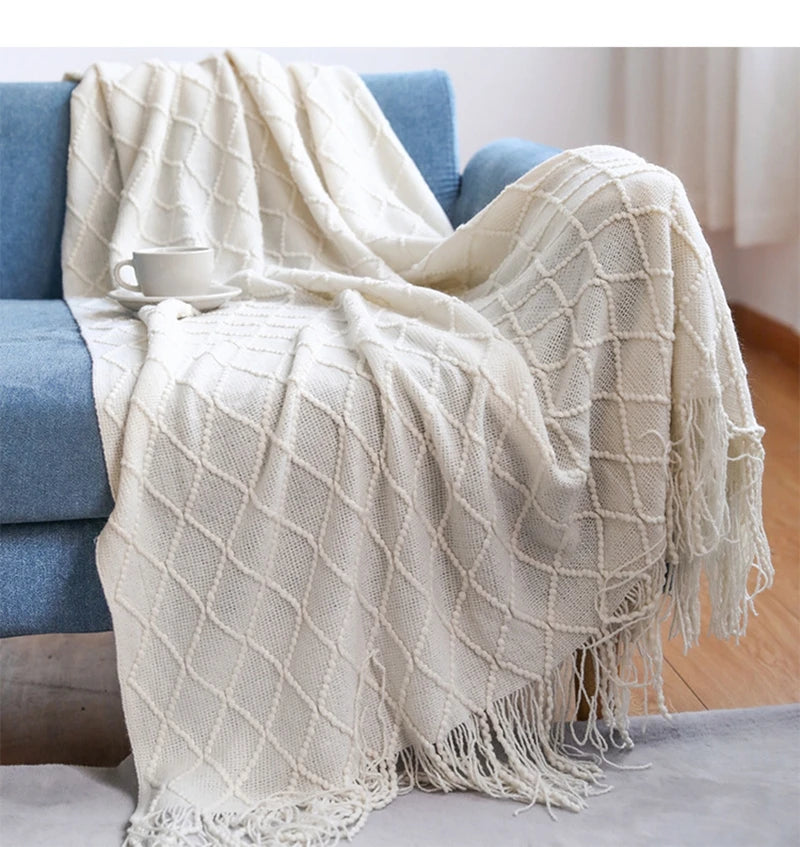 Knit Throw Blanket With Tassels All Acrylic Vintage Farmhouse