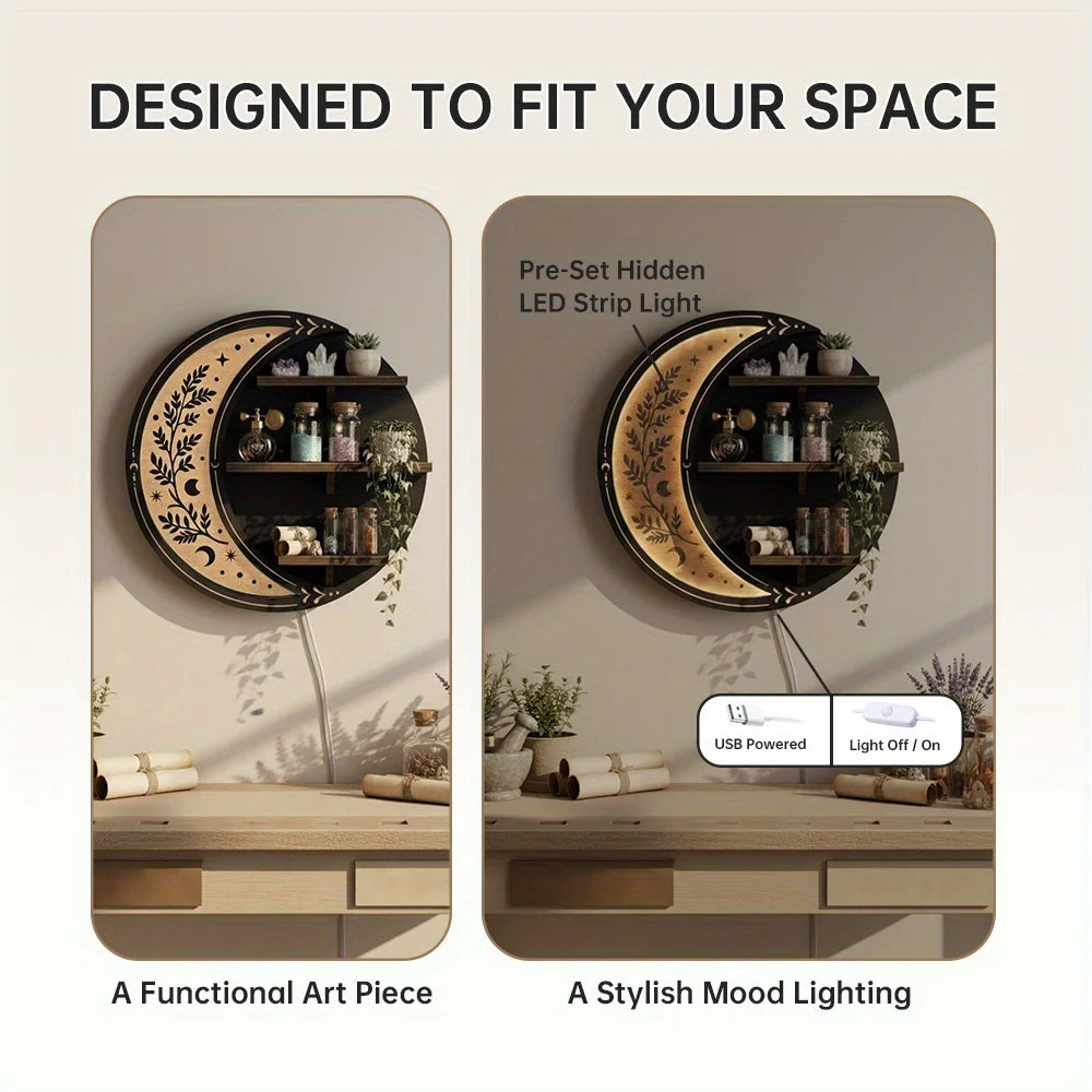 Moon Shelf Decor, Floating Shelves with Light