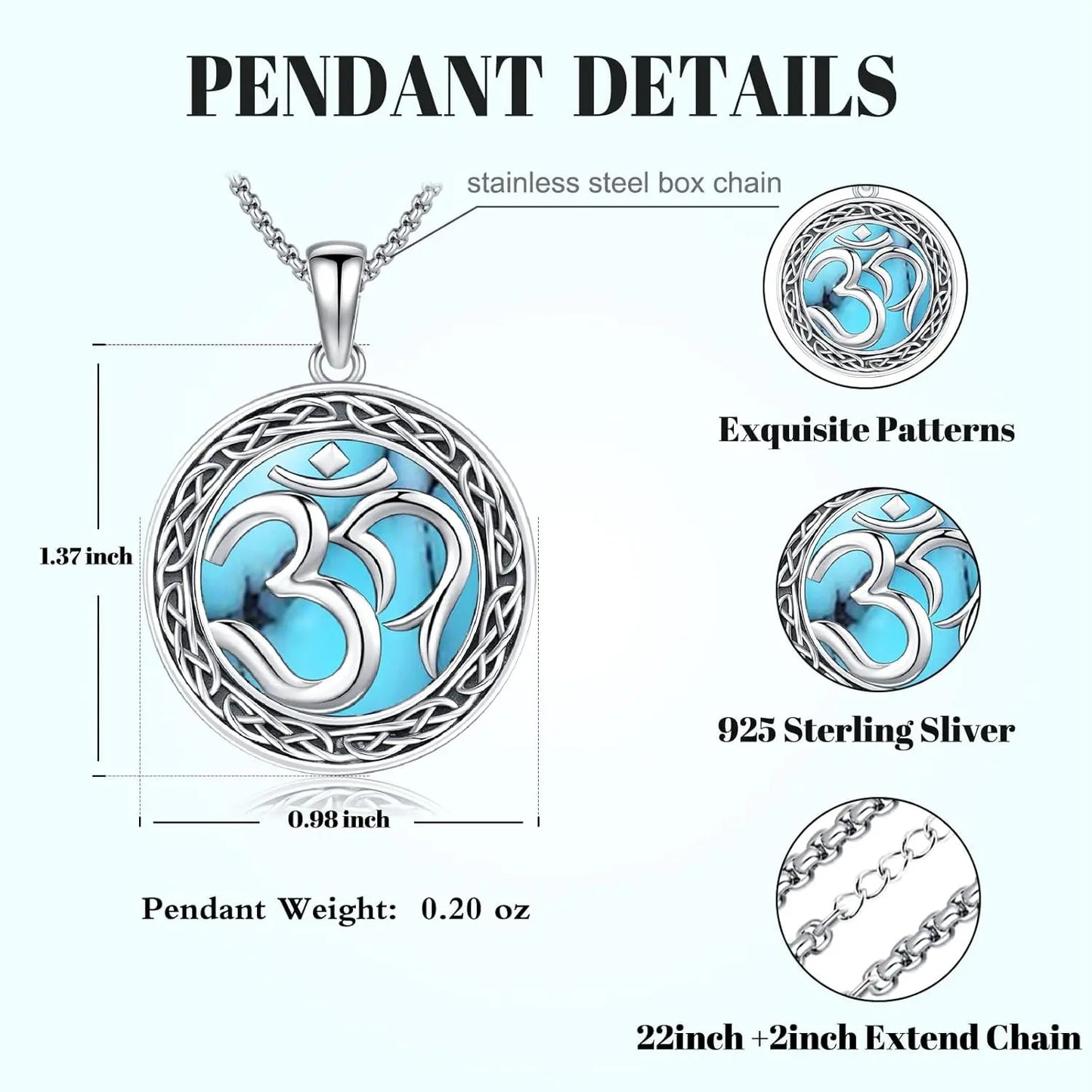 DRINSPER Om Pendant Necklace 925 Sterling Silver Turquoise Amulet Pentagram