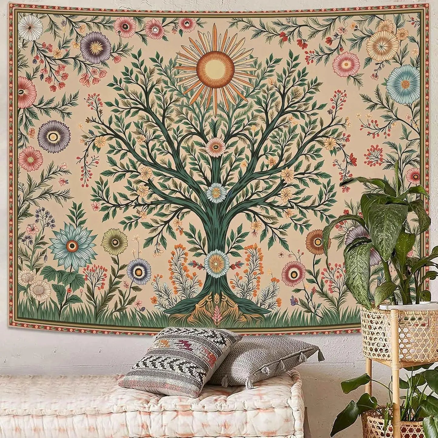 Chakra Tree Wall Tapestry Celestial Sun And Floral Boho Decor