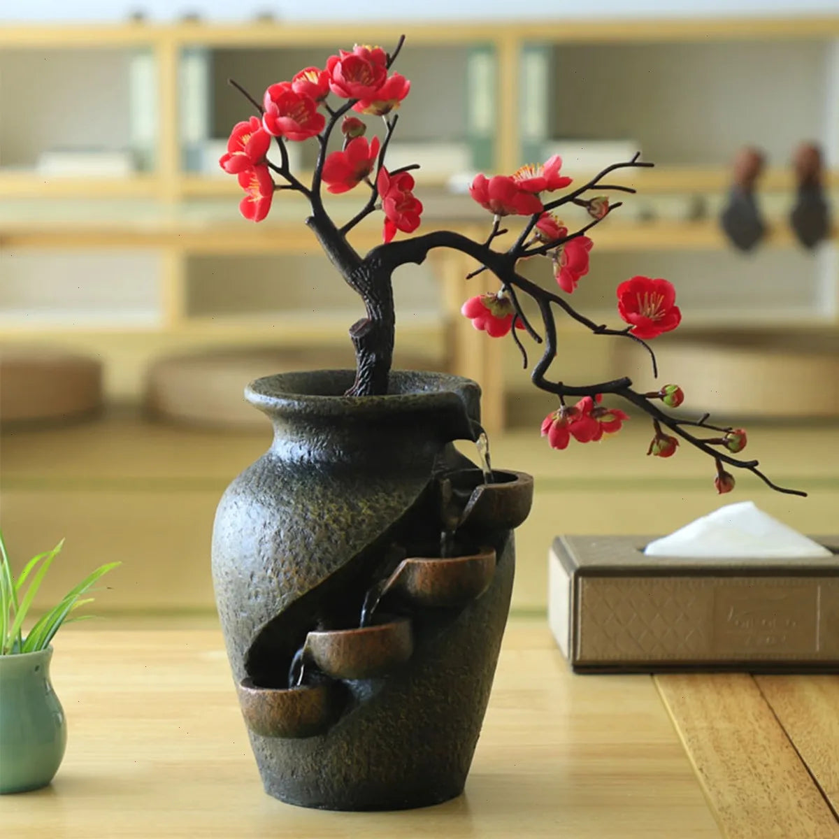 Bymaocar Tabletop Water Fountain Featuring Simulated Flowers And Silent Pump