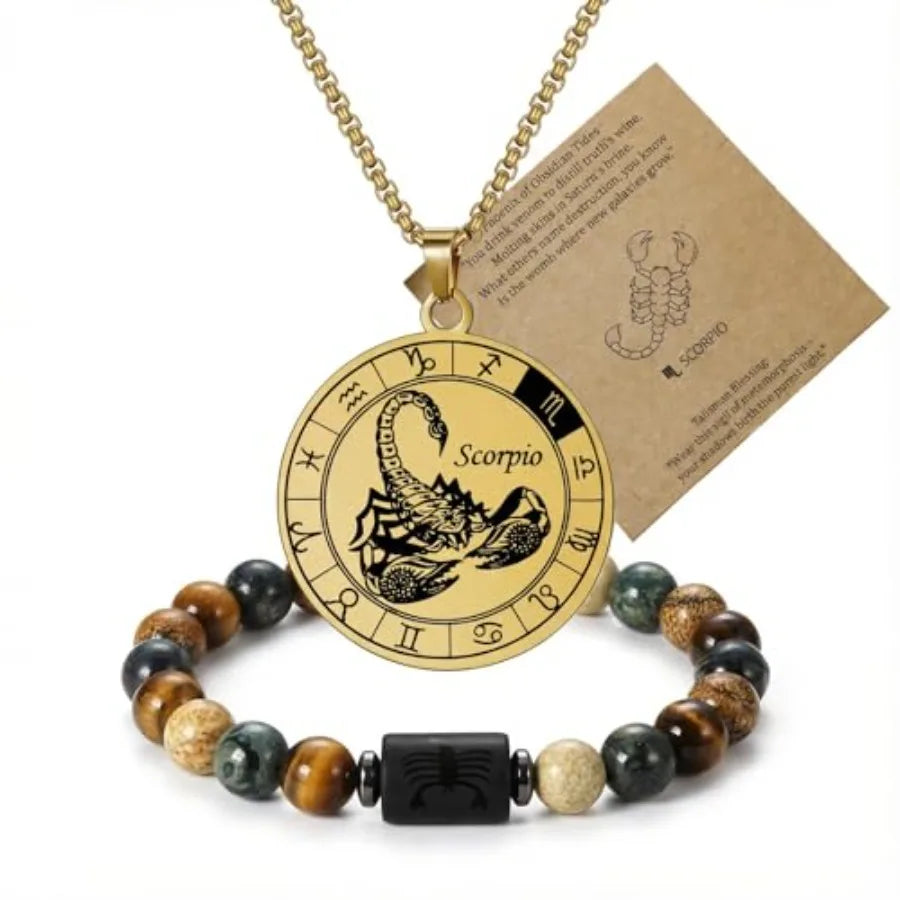 Zodiac Constellation Jewelry Set Stainless Steel Necklace and Stone Bracelet