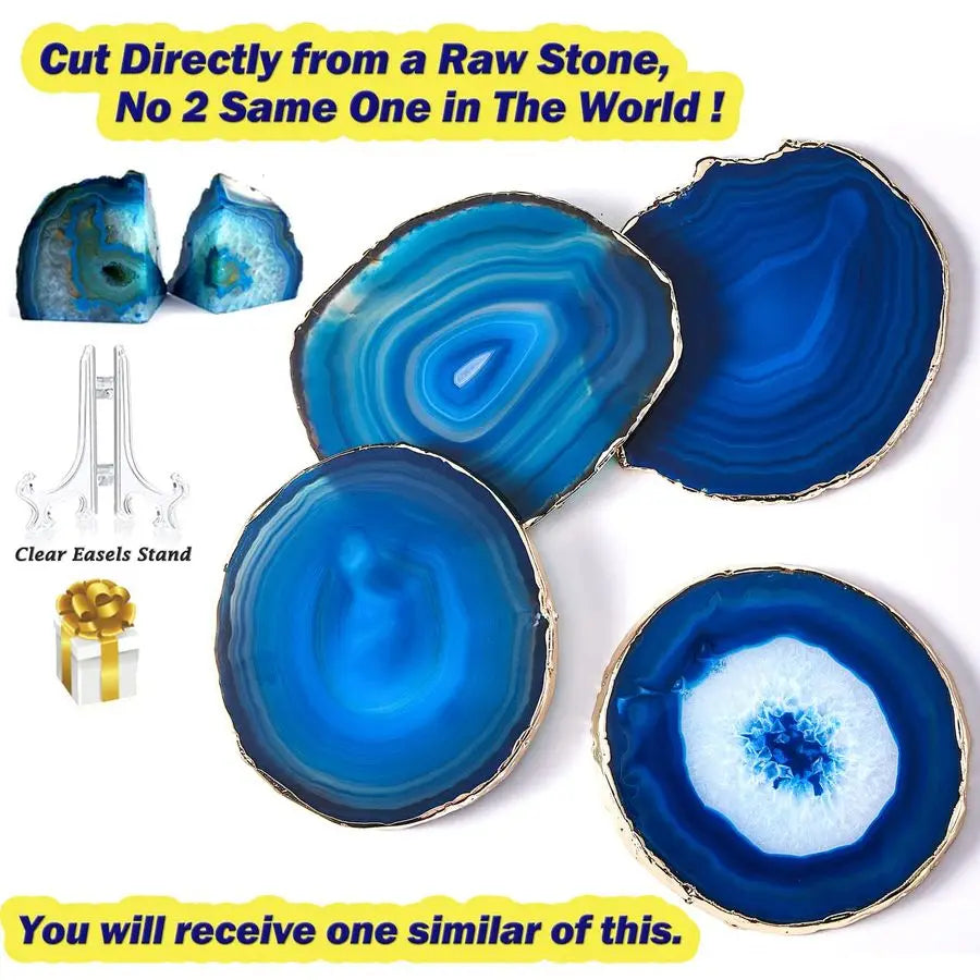 Blue Agate Coasters Set Of 4 With Luxurious Gold Rim