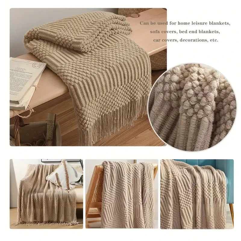 Knit Throw Blanket With Tassels All Acrylic Vintage Farmhouse