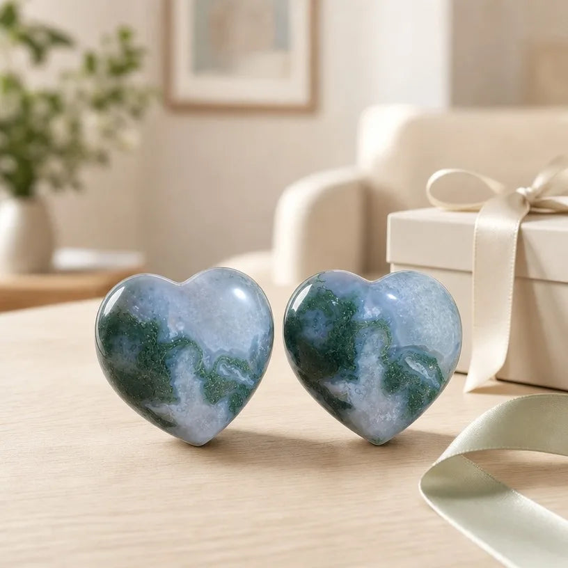 Natural Water Grass Agate Heart Desktop Ornament Pair