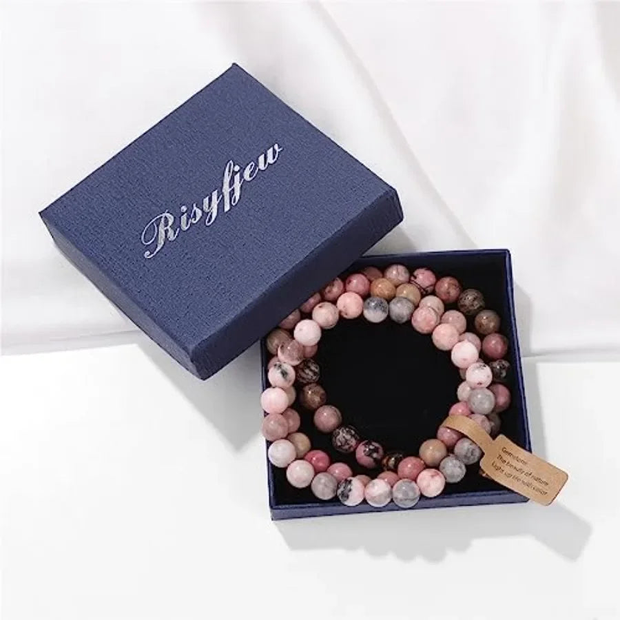 Healing Crystal Bracelets Set Pink Zebra Jasper, Rhodochrosite, and Rhodonite Stone Beaded Unisex Stretch