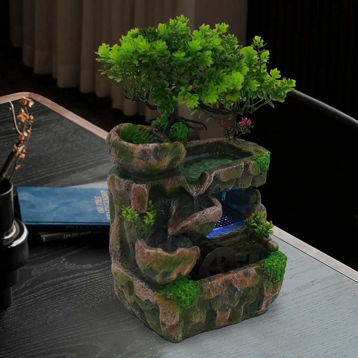 Indoor Tabletop Waterfall Fountain With Auto Pump And LED Light