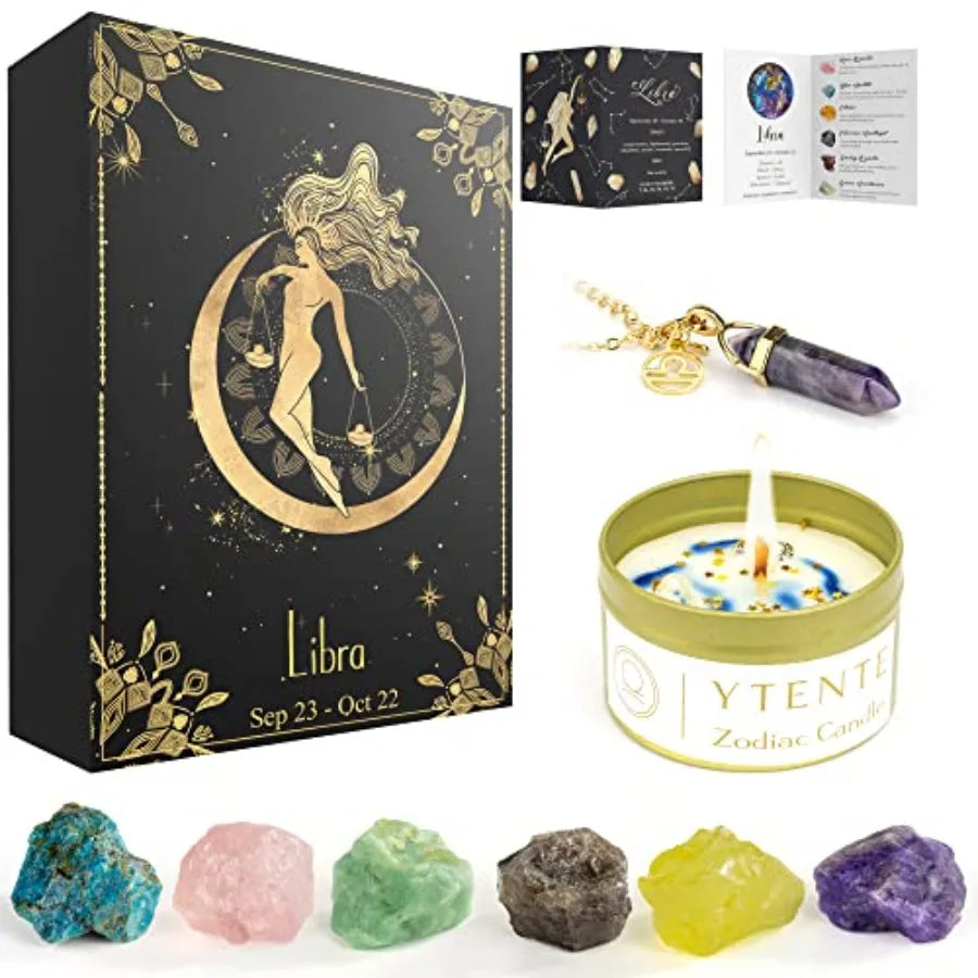 Crystals Healing Stone Gift Set With Soy Wax Zodiac Candles