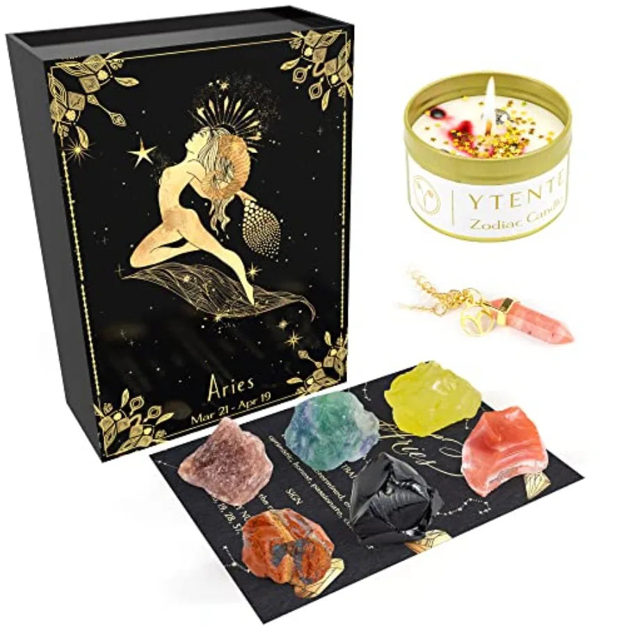 Crystals Healing Stone Gift Set With Soy Wax Zodiac Candles
