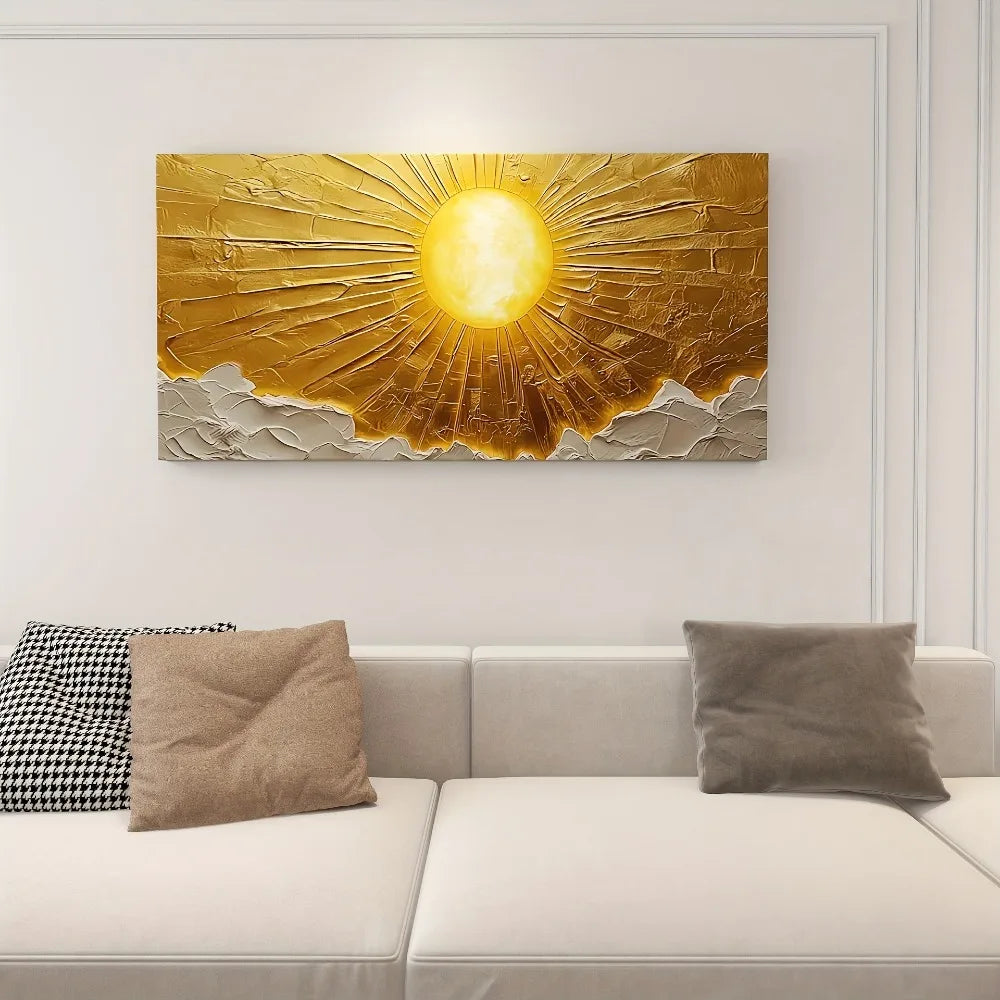 Large Abstract Sun Canvas Wall Art With Pine Frame