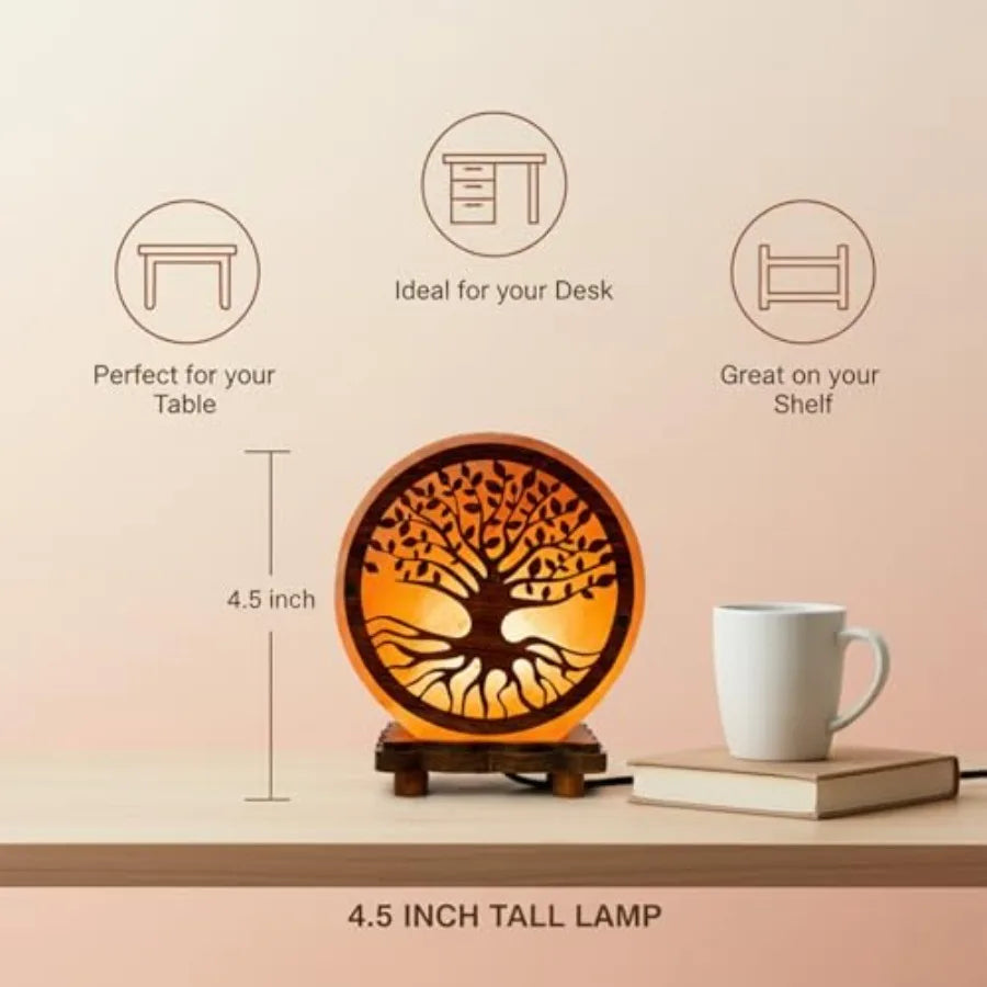 Himalayan Salt Lamp With Tree Of Life Design On Wooden Base
