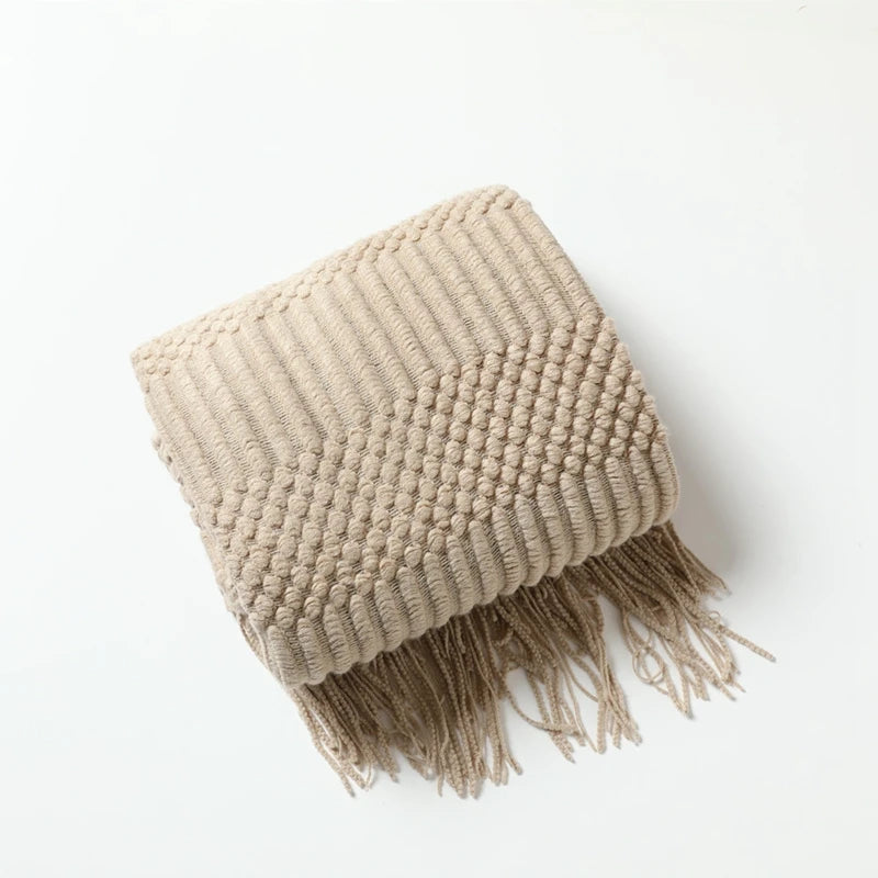 Knit Throw Blanket With Tassels All Acrylic Vintage Farmhouse