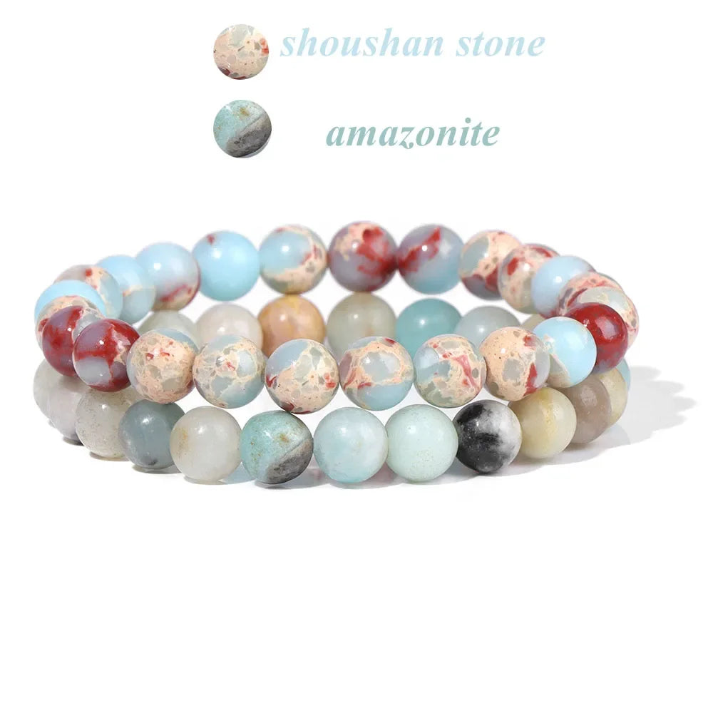 GolbalJew 2-Piece Natural Stone Bead Bracelet Set Unisex Fashion Gift