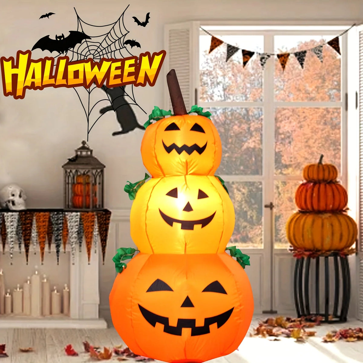 LED Stacked Pumpkin Inflatable Halloween Yard Decoration With Lights