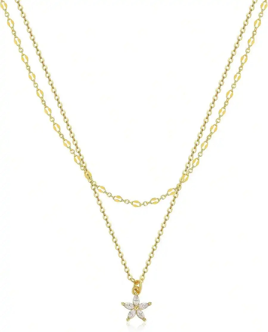 Layered CZ Pendant Necklace With Star And Crystal Charms