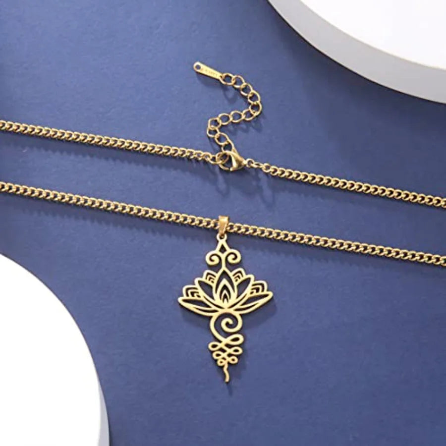 Lotus Flower Pendant Necklace Stainless Steel Unalome Charm Jewelry