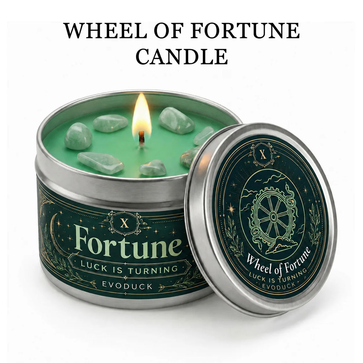 Evoduck Wheel of Fortune Tarot Candle with Crystals Spiritual Abundance