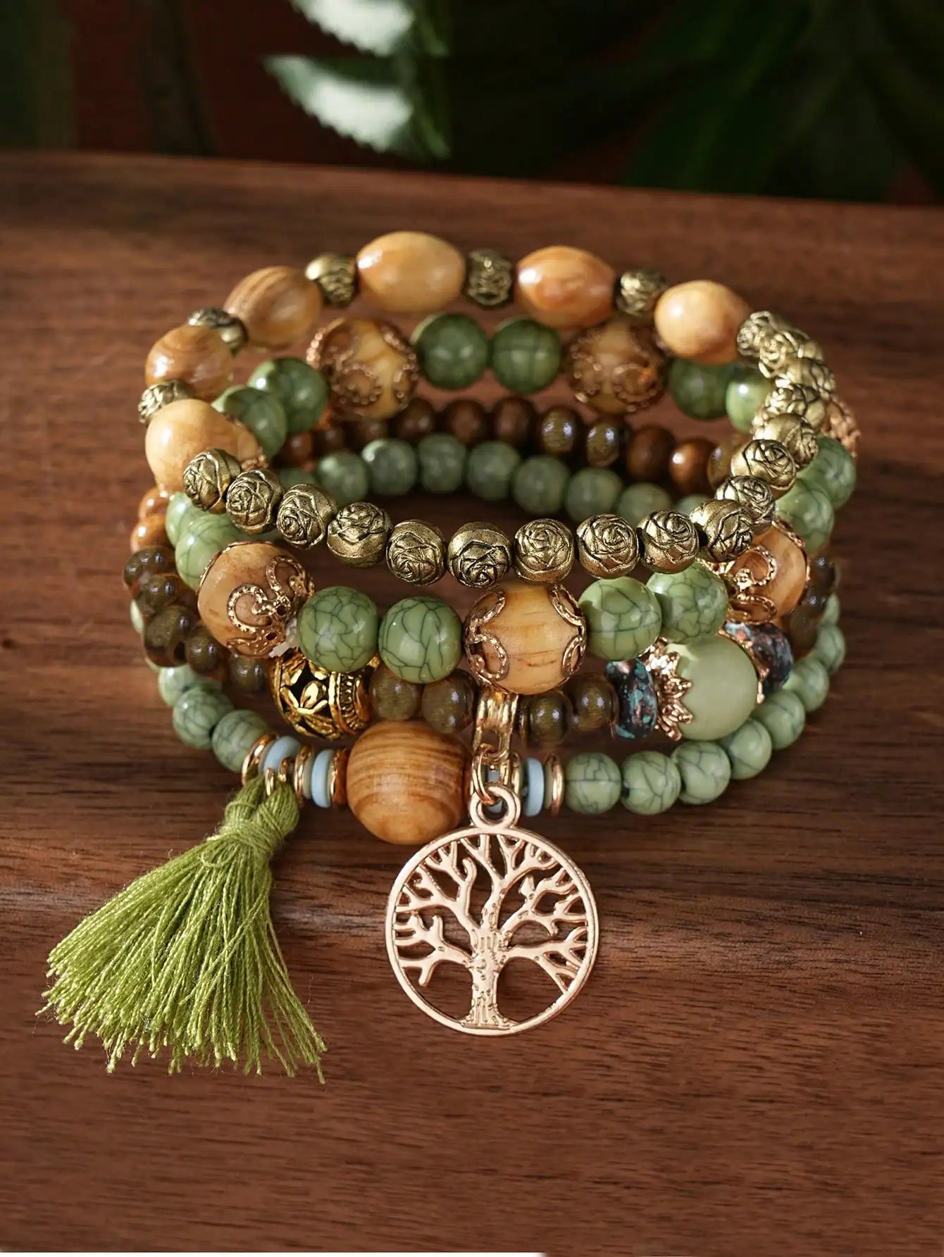 4pcs/Set Boho Style Life Tree Tassel Pendant Multi-Layer Wooden Beads Bracelet