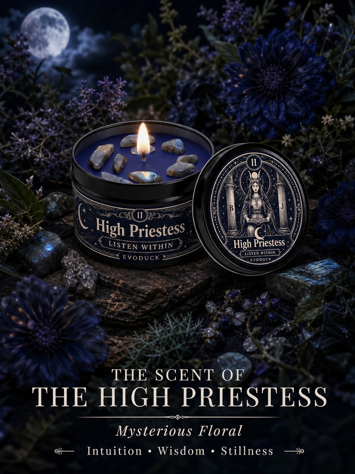 Evoduck High Priestess Tarot Scented Ritual Candle With Crystal Stones
