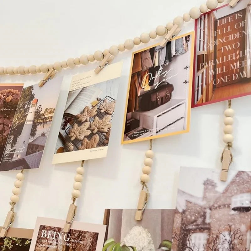 Wooden Bead Garland Hanging Photo Display Boho Wall Decor