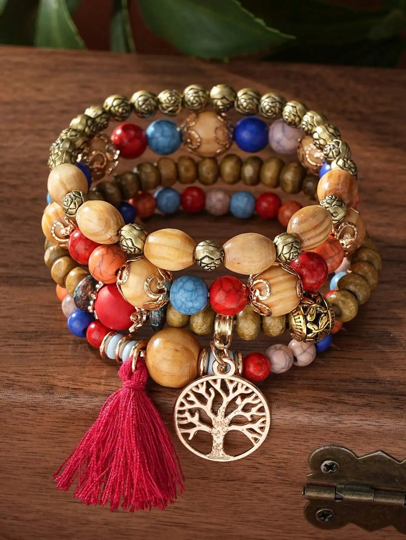 4pcs/Set Boho Style Life Tree Tassel Pendant Multi-Layer Wooden Beads Bracelet