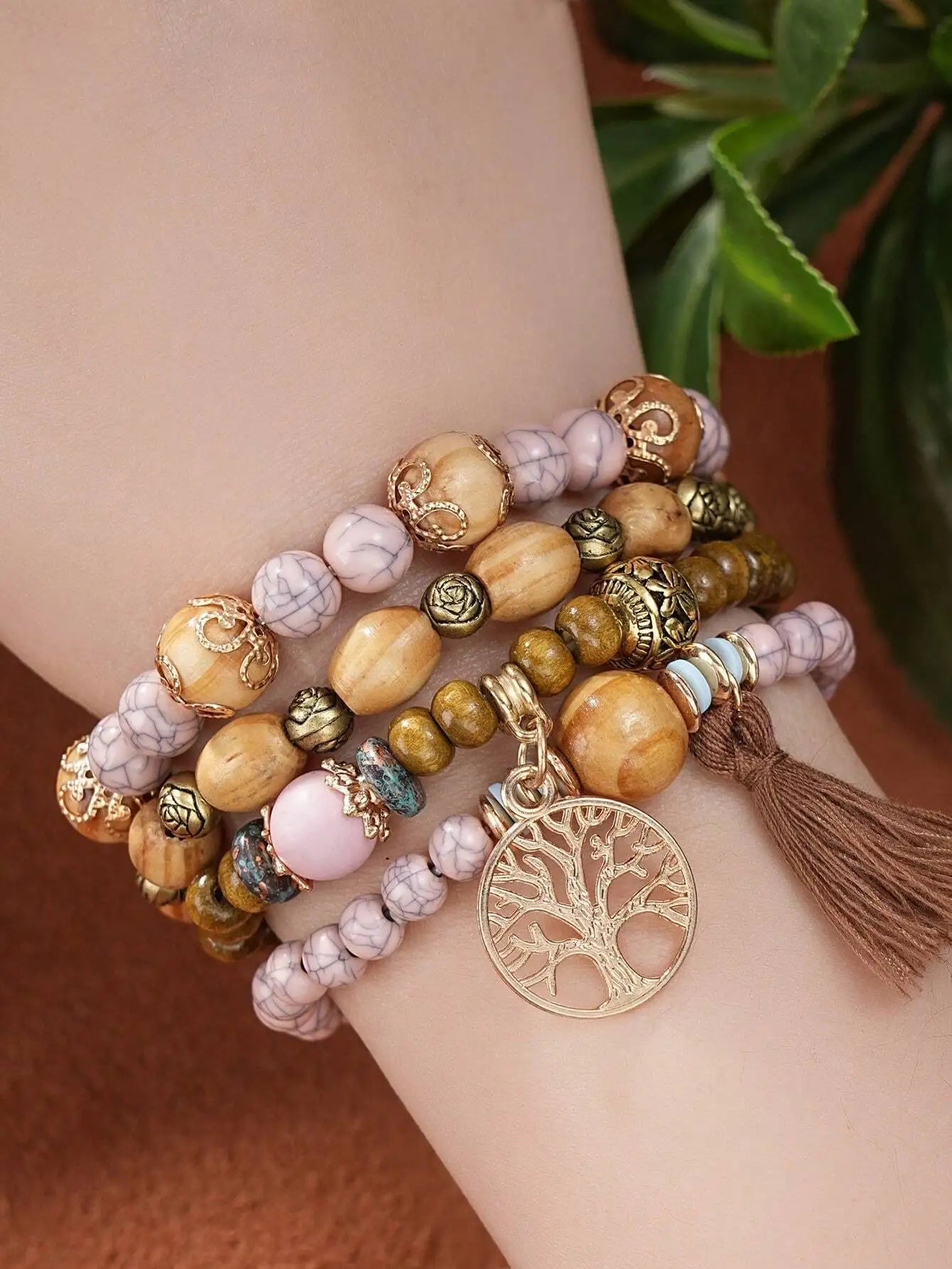 4pcs/Set Boho Style Life Tree Tassel Pendant Multi-Layer Wooden Beads Bracelet