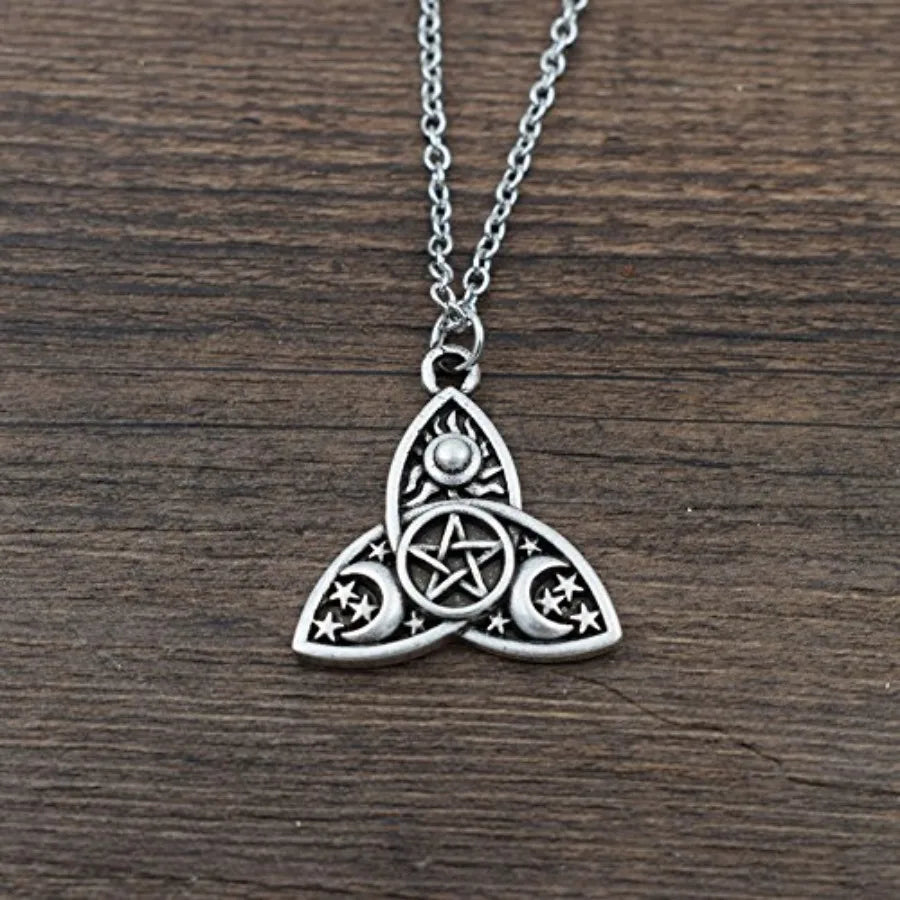 Triple Moon Goddess Triquetra Pentacle Necklace Stainless Steel