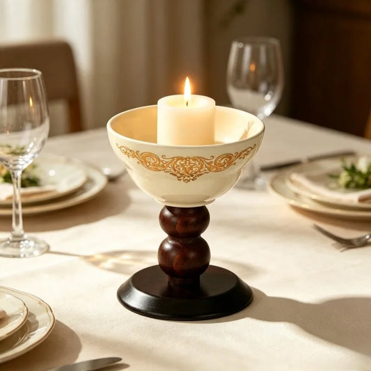 Decorative Ceramic Tea Light Candle Holder With Wooden Pedestal Base