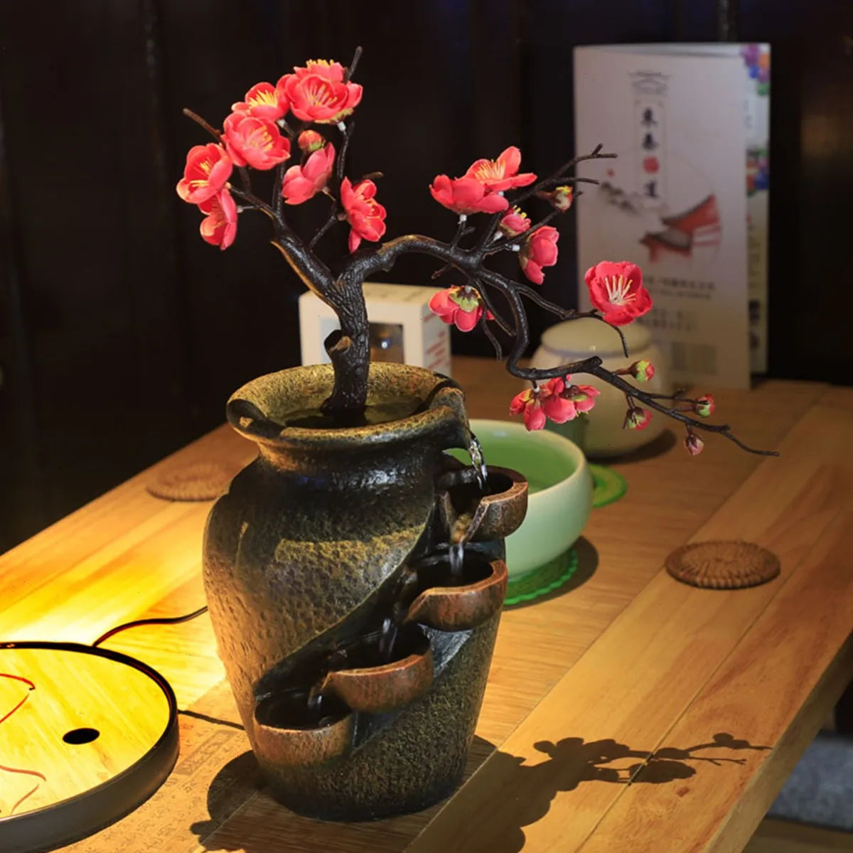 Bymaocar Tabletop Water Fountain Featuring Simulated Flowers And Silent Pump