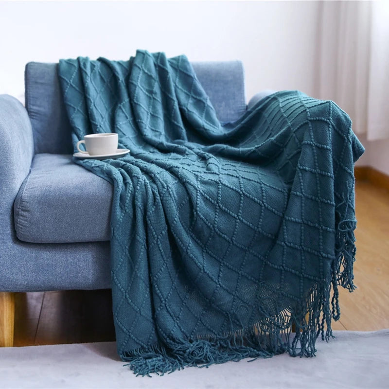 Knit Throw Blanket With Tassels All Acrylic Vintage Farmhouse