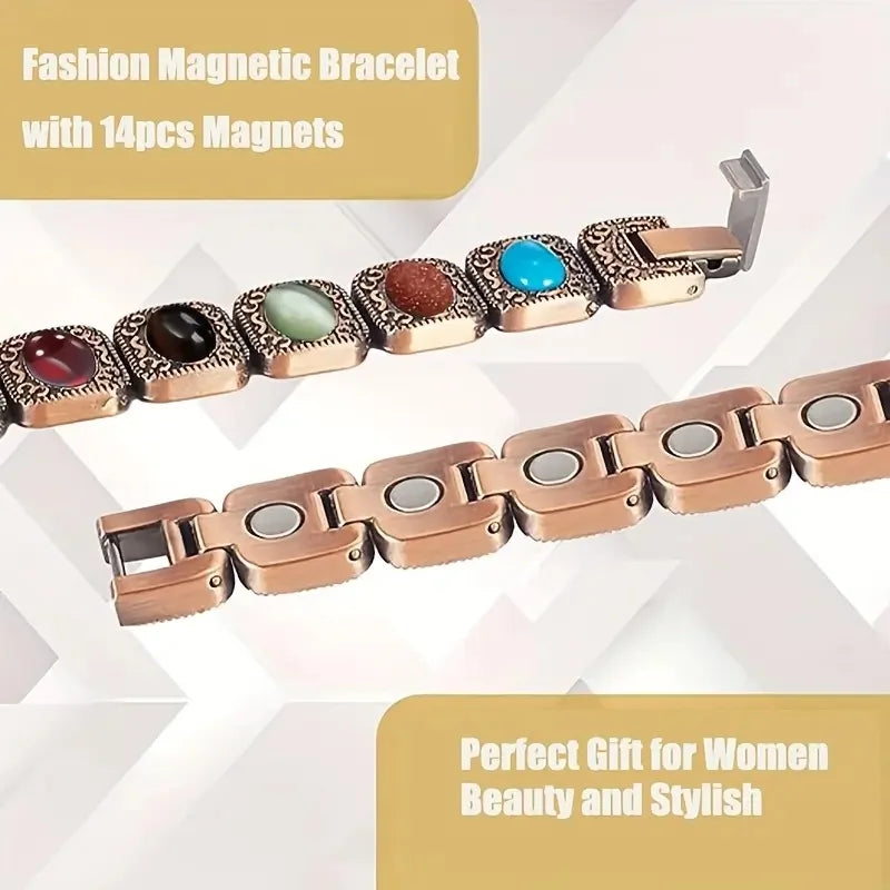 Copper Magnetic Bracelet With Turquoise And Stones Adjustable