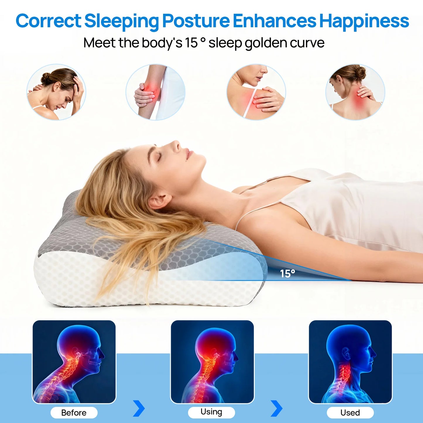JHK Cervical Neck Double Sided Memory Foam Pillow Ergonomic Support