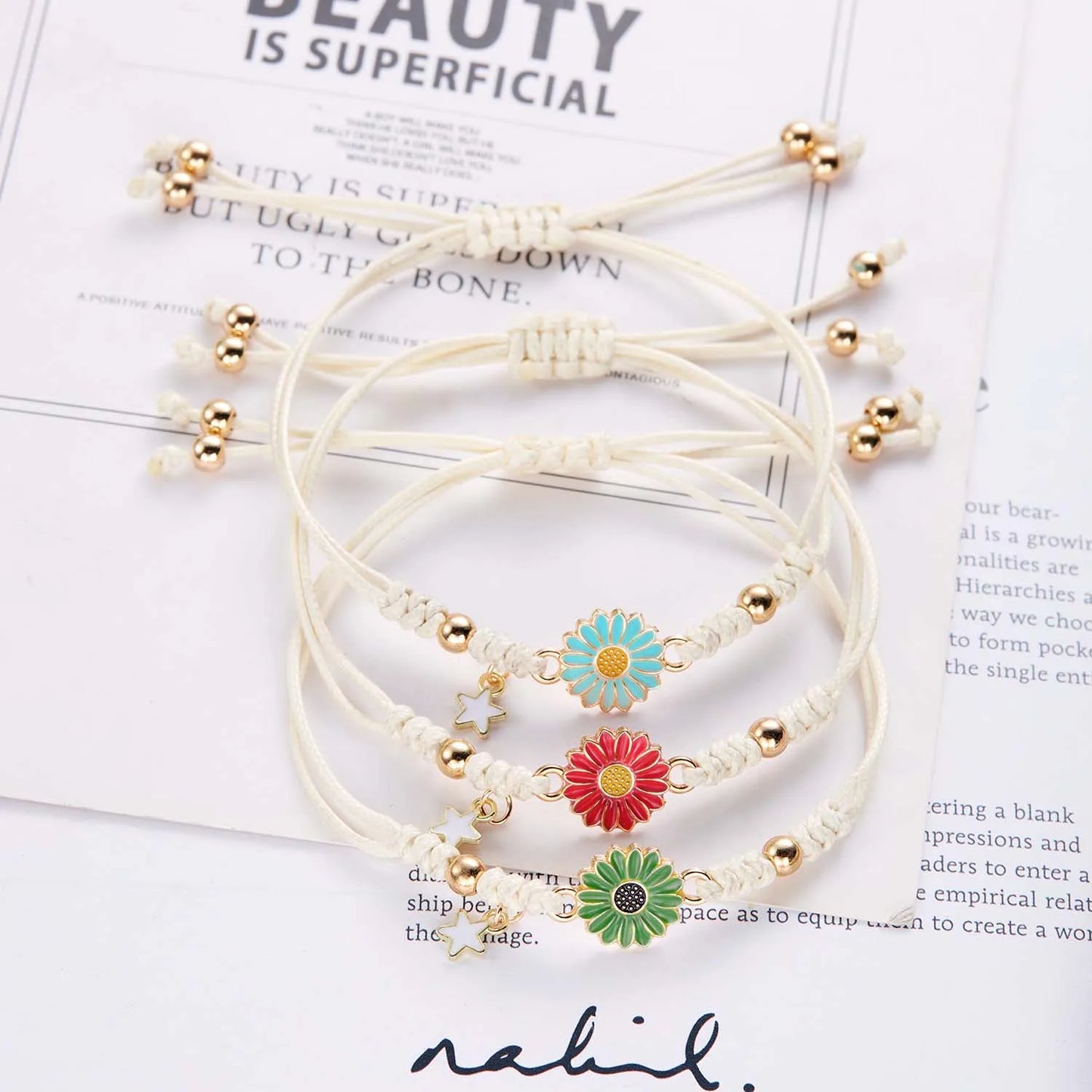 Handmade Braided Sunflower Charm Rope Bracelet Women Adjustable Daisy Gift