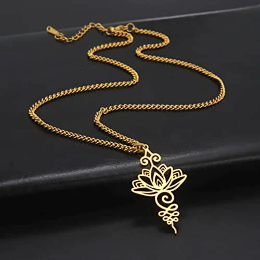 Lotus Flower Pendant Necklace Stainless Steel Unalome Charm Jewelry