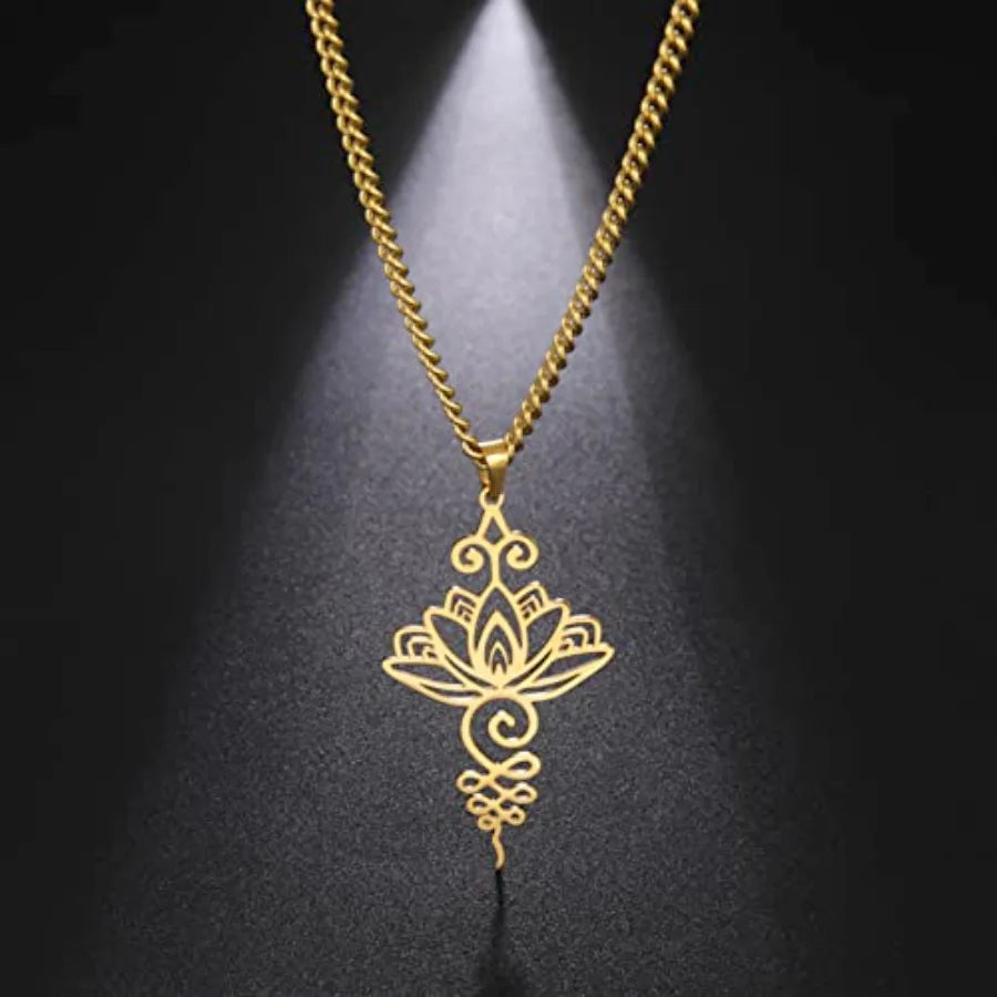 Lotus Flower Pendant Necklace Stainless Steel Unalome Charm Jewelry