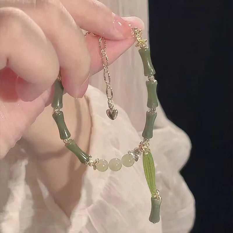Handmade Bamboo Joint Leaves Tassel Beaded Strand Bracelet For Women