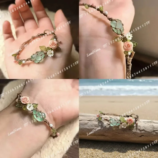 Boho Vintage Macrame Woven Bracelet With Crystal Flower Charm