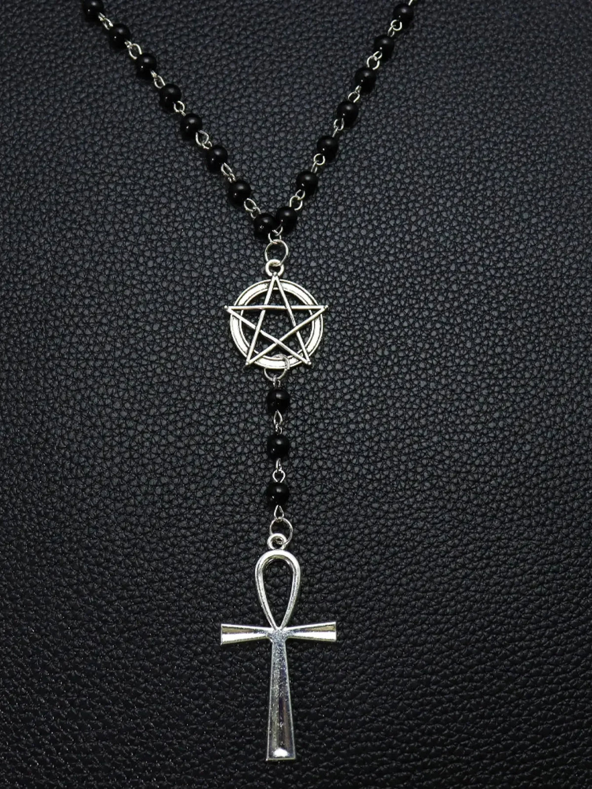 Gothic Pentagram Ankh Beaded Necklace With Crow Skull Pendant